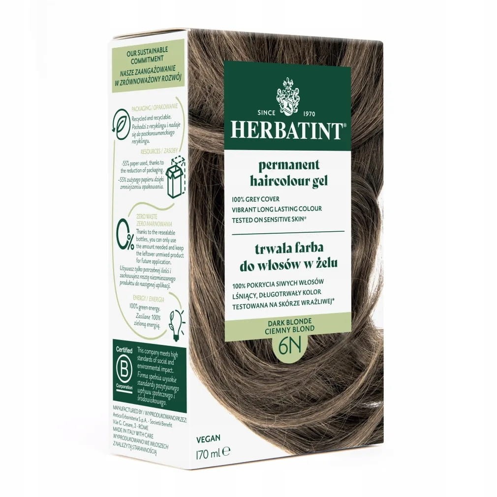 Farba do włosów Herbatint trwała 6N CIEMNY BLOND seria NATURALNA