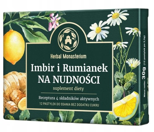 IMBIR I RUMIANEK NA NUDNOŚCI 12 pastylek do ssania HERBAL MONAST